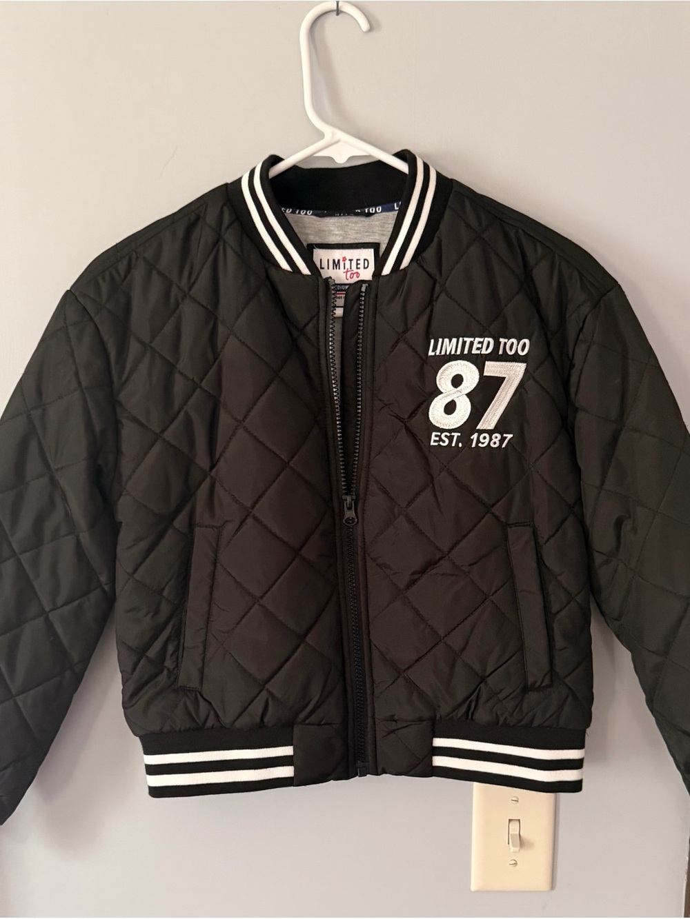 Limited Too Black Quilted Jacket with White Lettering